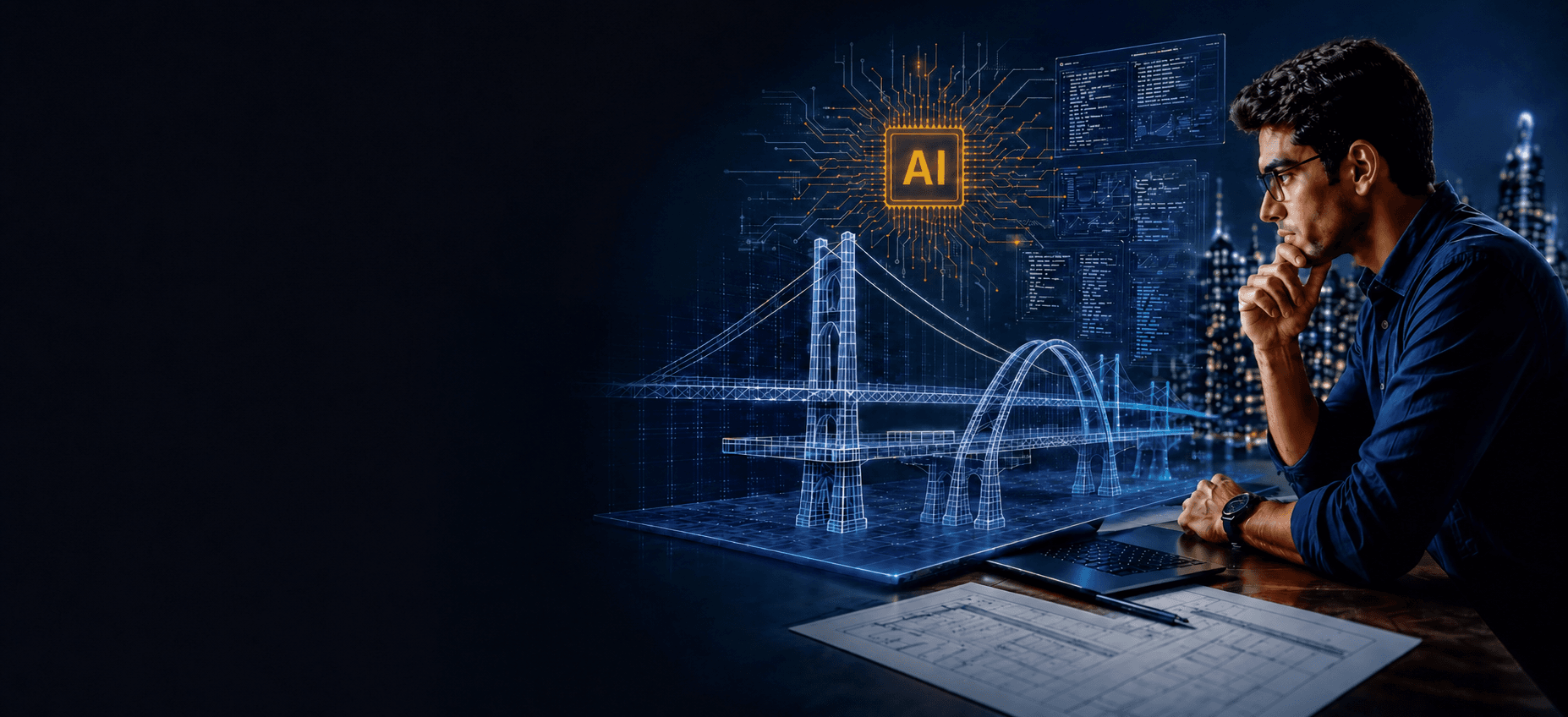 Engineer using AI-assisted bridge design tools