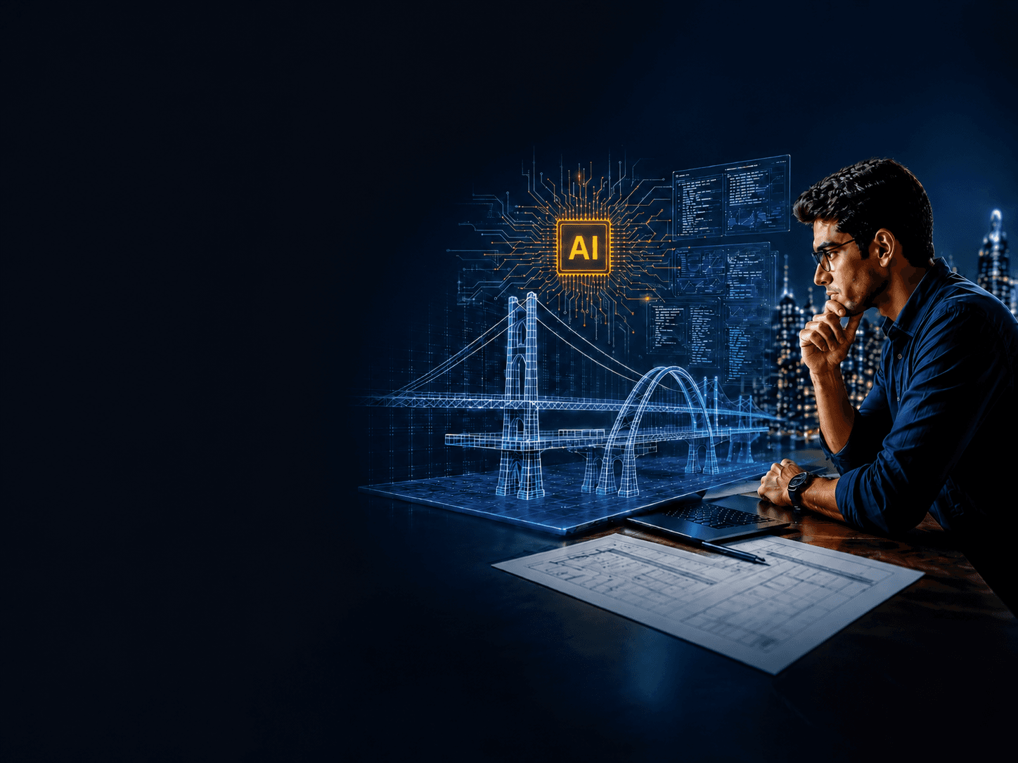 Engineer using AI-assisted bridge design tools