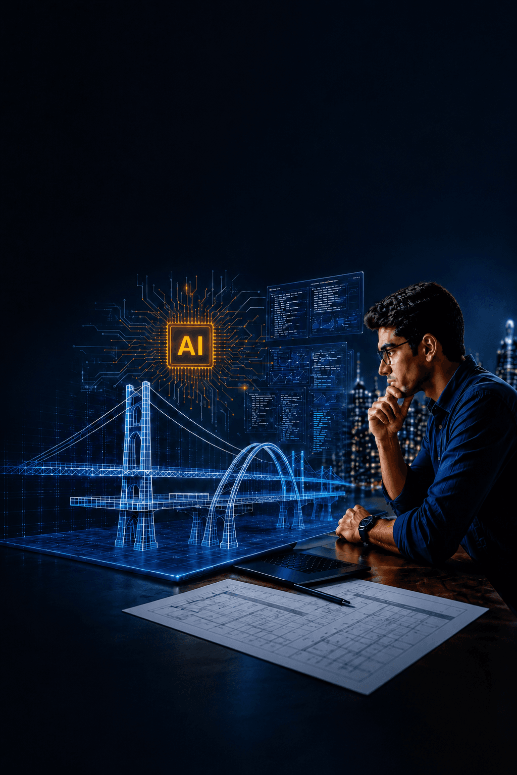 Engineer using AI-assisted bridge design tools